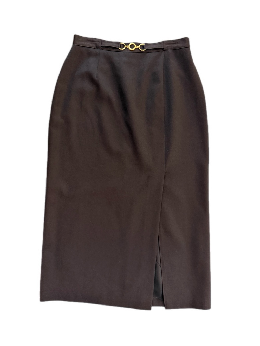 Vintage Conrad C Brown 100% Wool midi/maxi Pencil Skirt Horsebit Waist Size 14
